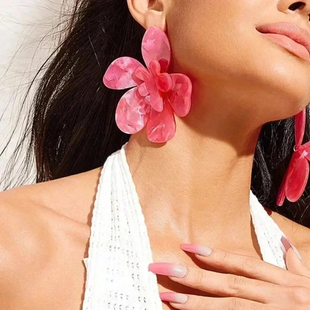 Hot Pink Women's Acetic Acid Floral Design Personality Earrings - Picture 5 of 7